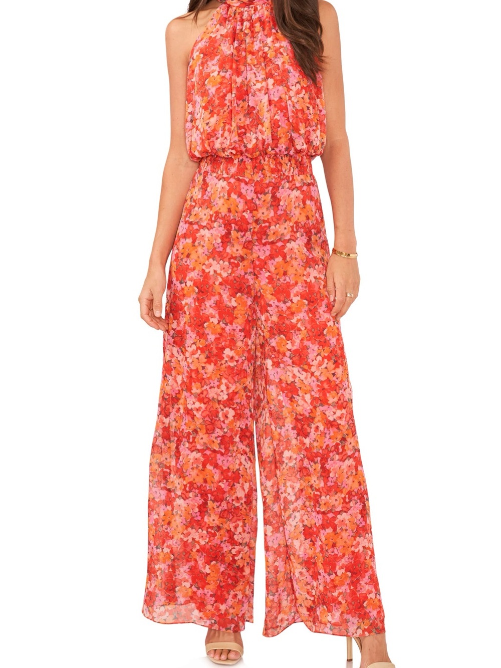 Vince Camuto Coral Pink Floral Halter Wide-Leg Jumpsuit